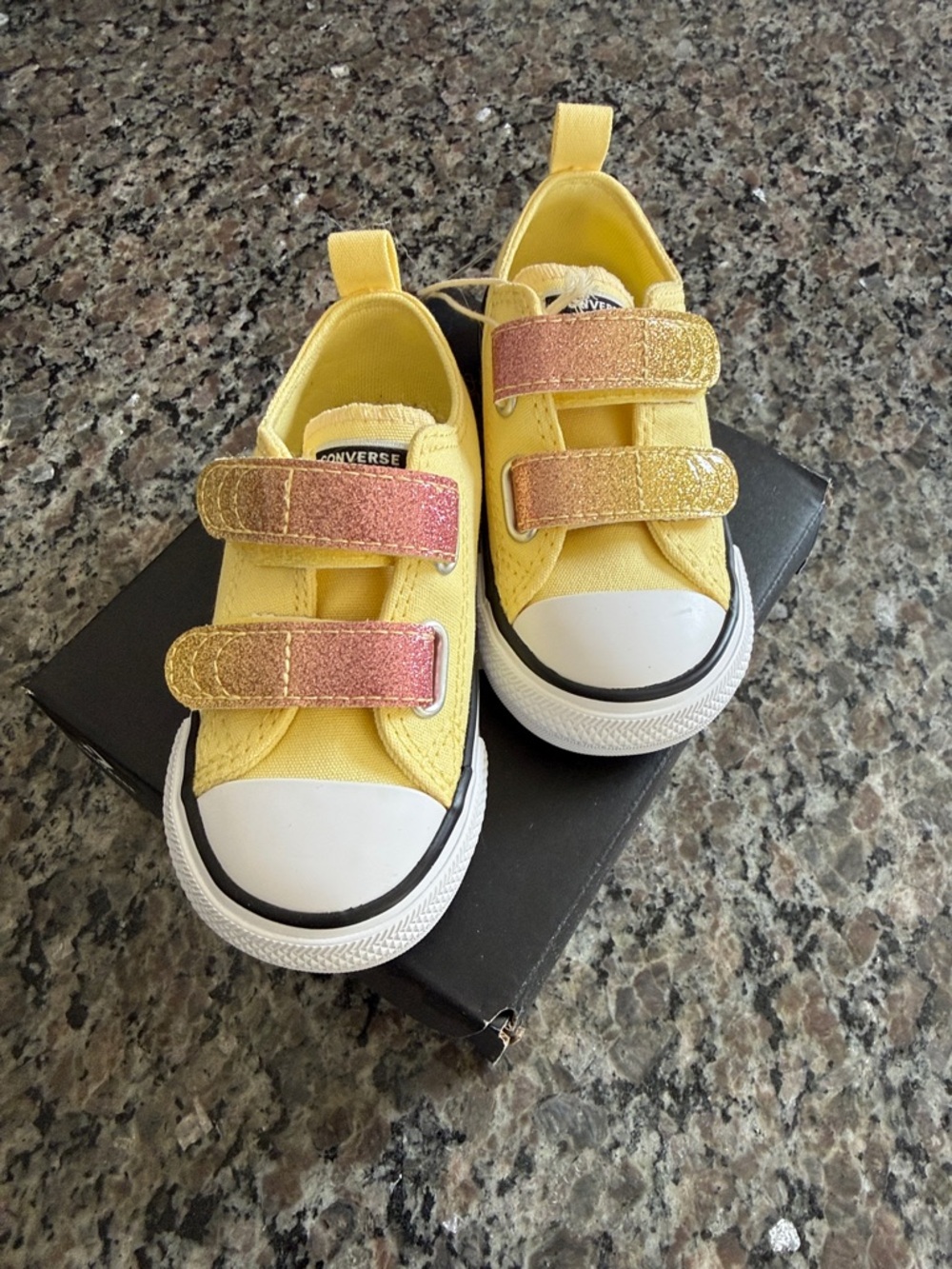 Converse Kids Yellow Canvas Sneakers with Glitter Pink-Gold Velcro